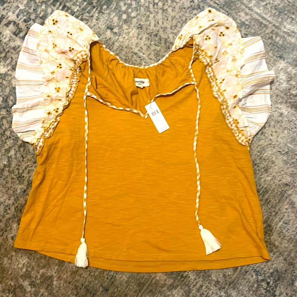 Anthropologie mustard flutter sleeve top. Size XL. Porridge Brand. NWT